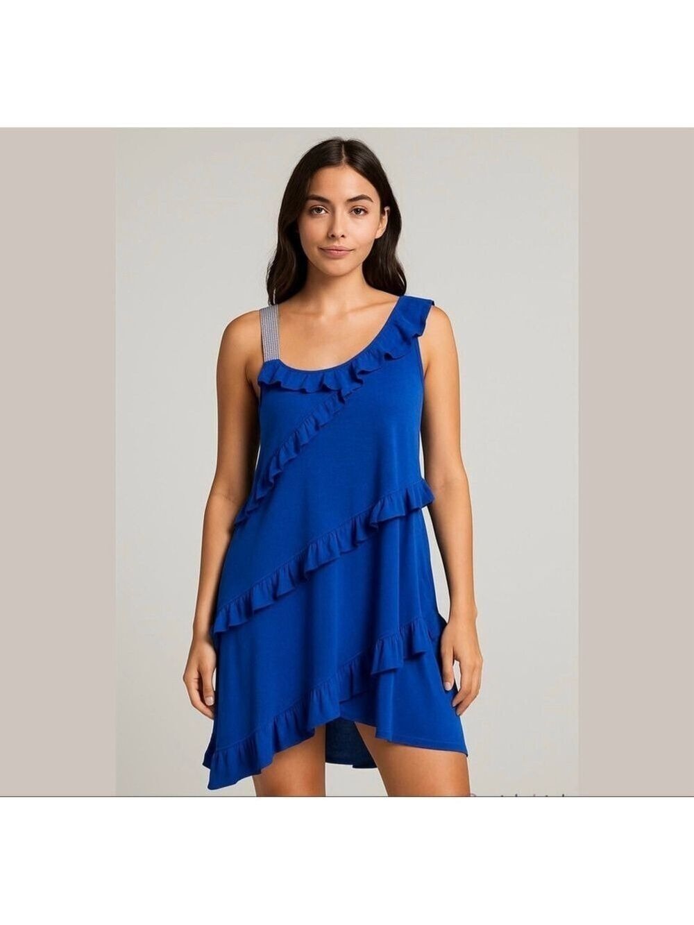 Belldini NWT cobalt blue asymmetrical knit dress w rhinestones and ruffles Sz XL